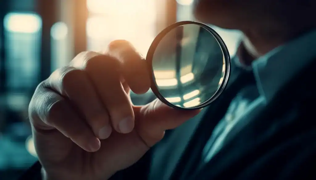 Empresário examinando material com lupa