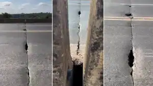 Abertura em estrutura de concreto da Ponte Presidente Médici em Teresina, identificada como junta de dilatação.
