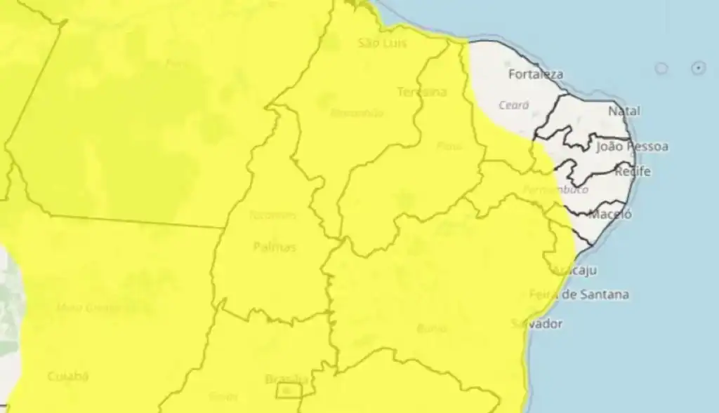 Ilustração de nuvens escuras, chuva forte e raios sobre um mapa estilizado do Piauí, indicando o alerta de perigo potencial do INMET.