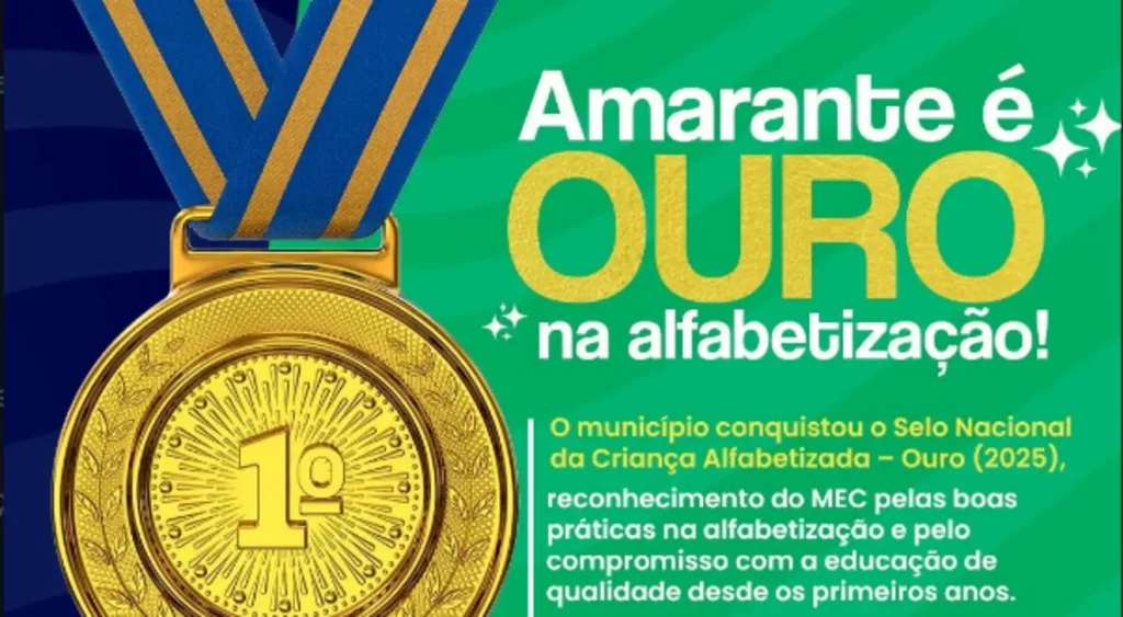 Selo Nacional da Criança Alfabetizada Ouro do MEC, simbolizando a conquista de Amarante, Piauí, em educação infantil.