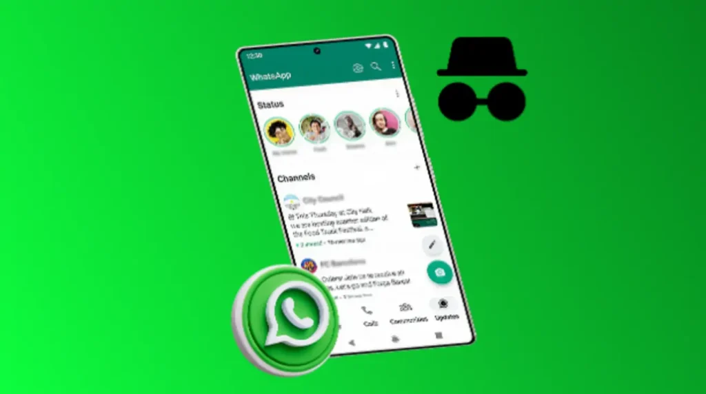 Smartphone exibindo a interface do WhatsApp na aba de Status, com elementos visuais que sugerem privacidade e anonimato ao usuário.
