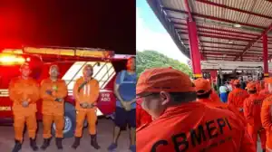 Bombeiros militares do Piauí em operação de busca e resgate em mata densa, procurando casal perdido em trilha de moto em Parnaíba.