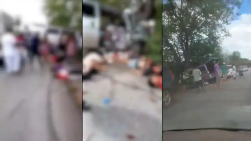 Van branca gravemente danificada após colisão com árvore na rodovia Bioceânica, Bolívia, com equipes de resgate no local.