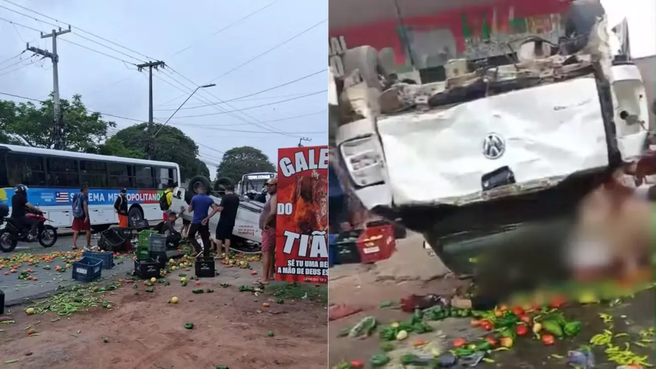 Cena de acidente com picape capotada, ônibus e moto na MA-201, São Luís