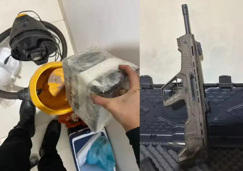 Policiais exibem cocaína, armas de fogo e celulares apreendidos em operação contra o tráfico de drogas em Redenção, Pará.