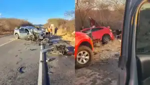 Cena de acidente de trânsito grave com veículos danificados e equipes de emergência (Bombeiros, PRF) na BR-020, Canindé, Ceará, onde quatro pessoas morreram.