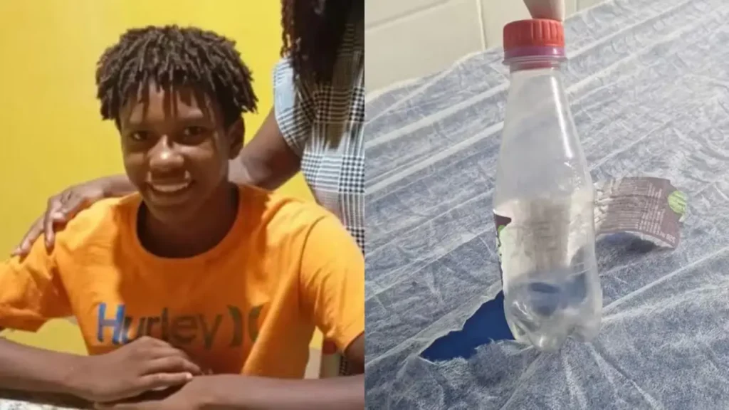 Garrafa PET, recipiente onde substância fatal foi armazenada, em contexto de investigação policial.