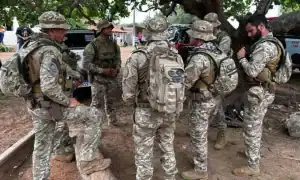 Equipes de busca com cães farejadores em mata densa durante operação por crianças desaparecidas no Quilombo de São Sebastião dos Pretos, Bacabal (MA).