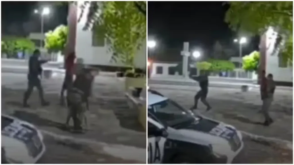 Policial militar aborda homem em praça de Santa Quitéria, Ceará, antes da fuga do suspeito.
