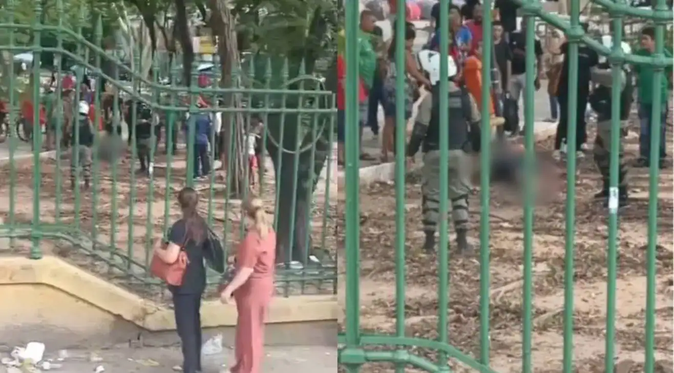 Homem caído no chão após ser atingido por golpes de arma branca na Praça Bandeira, Centro de Teresina.