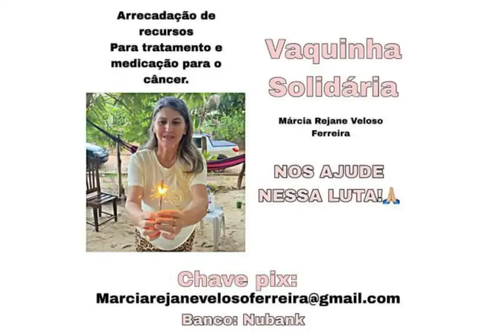 Smartphone com tela de Pix para doação, simbolizando a campanha de arrecadação para o tratamento de câncer de Márcia Rejane Veloso Ferreira.