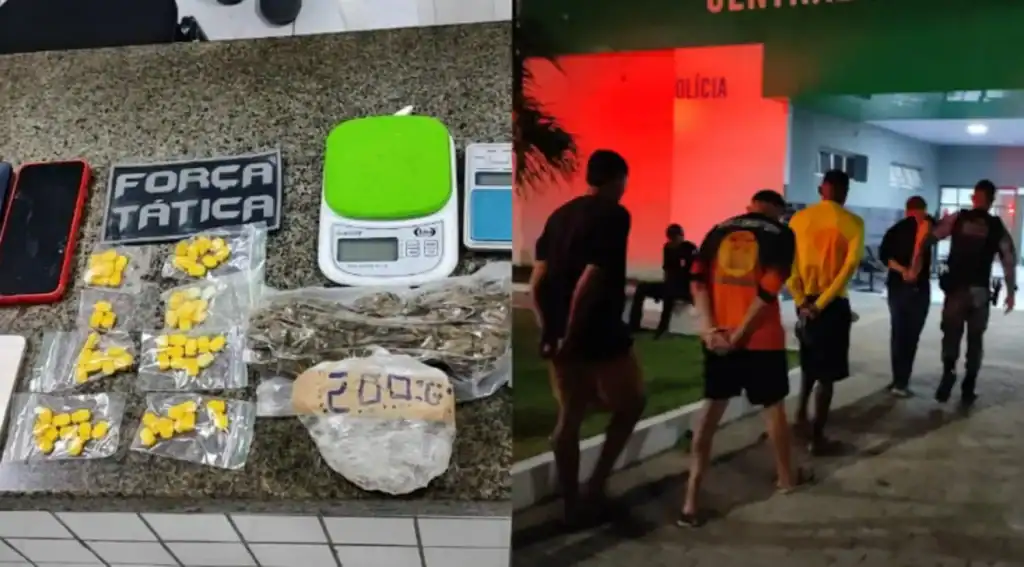 Imagem detalha a apreensão de comprimidos de ecstasy, outras drogas e munições pela Polícia Militar em Parnaíba, Piauí, durante operação contra o tráfico.