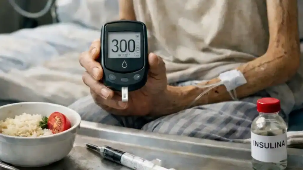 Mãos de uma pessoa em situação de vulnerabilidade alimentar, com um medidor de glicose, simbolizando o diabetes tipo 5.