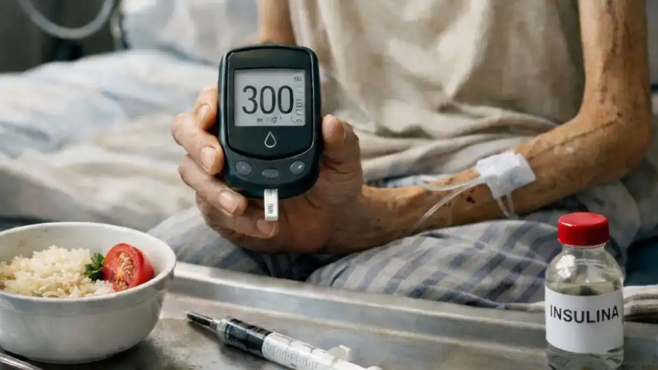 Mãos de uma pessoa em situação de vulnerabilidade alimentar, com um medidor de glicose, simbolizando o diabetes tipo 5.