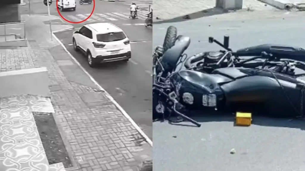 Motocicleta danificada no local do acidente fatal com ambulância em Sobral, Ceará.