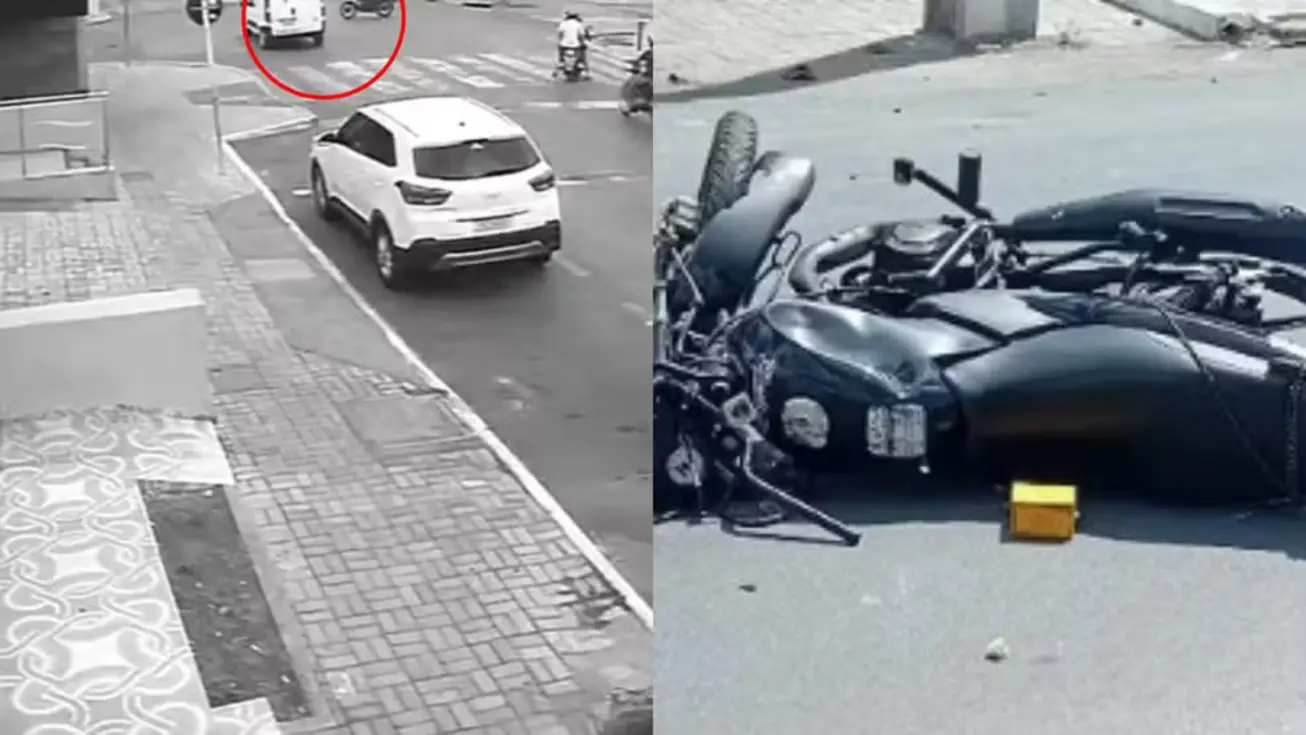 Motocicleta danificada no local do acidente fatal com ambulância em Sobral, Ceará.