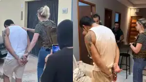 Danny Schroedinger de Carvalho Oliveira, suspeito de agressão, sendo detido pela Polícia Militar em Parnaíba, Piauí.