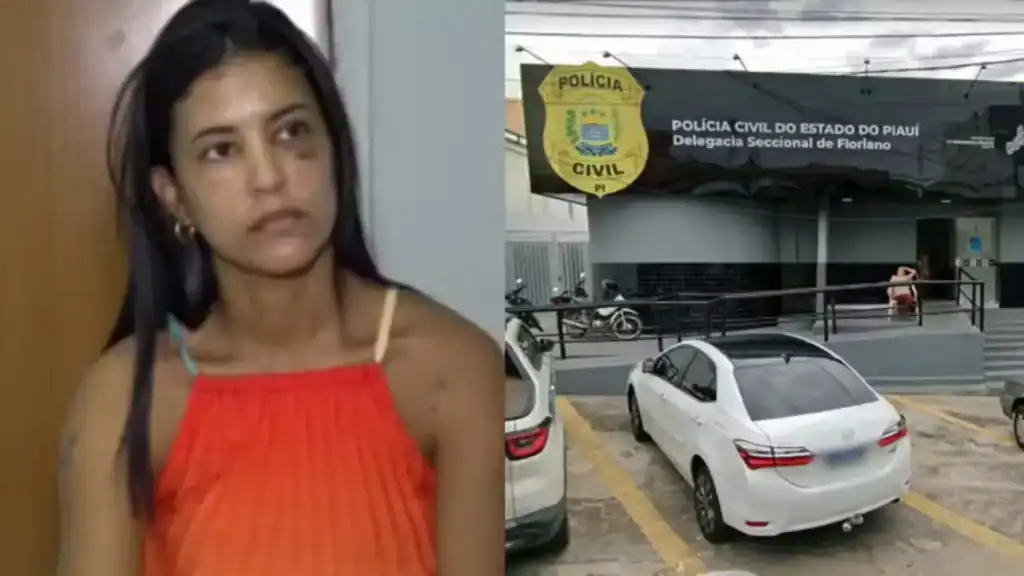 Bruno Lima, suspeito de agredir secretária de Saúde, ao lado de seus dois advogados, segurando a decisão de soltura em frente à penitenciária em Francisco Ayres, Piauí.