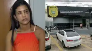 Bruno Lima, suspeito de agredir secretária de Saúde, ao lado de seus dois advogados, segurando a decisão de soltura em frente à penitenciária em Francisco Ayres, Piauí.