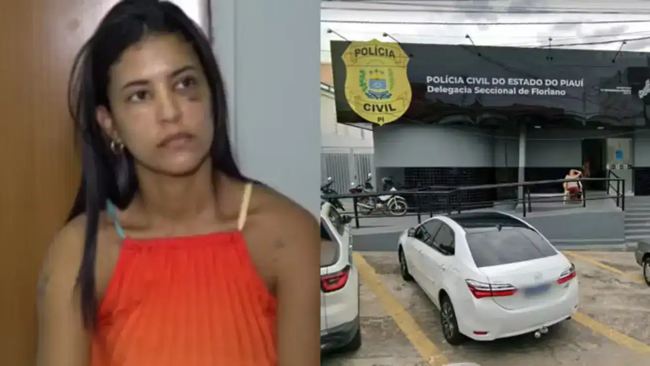 Bruno Lima, suspeito de agredir secretária de Saúde, ao lado de seus dois advogados, segurando a decisão de soltura em frente à penitenciária em Francisco Ayres, Piauí.