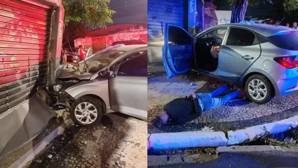 Carro roubado acidentado na Avenida Barão de Gurgueia, Teresina, com policiais no local após perseguição e prisão de suspeitos.
