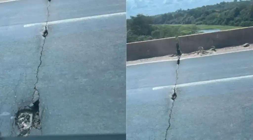 Ponte Presidente Médici em Teresina, Piauí, com grande rachadura e buraco visível na estrutura, indicando sérios danos.
