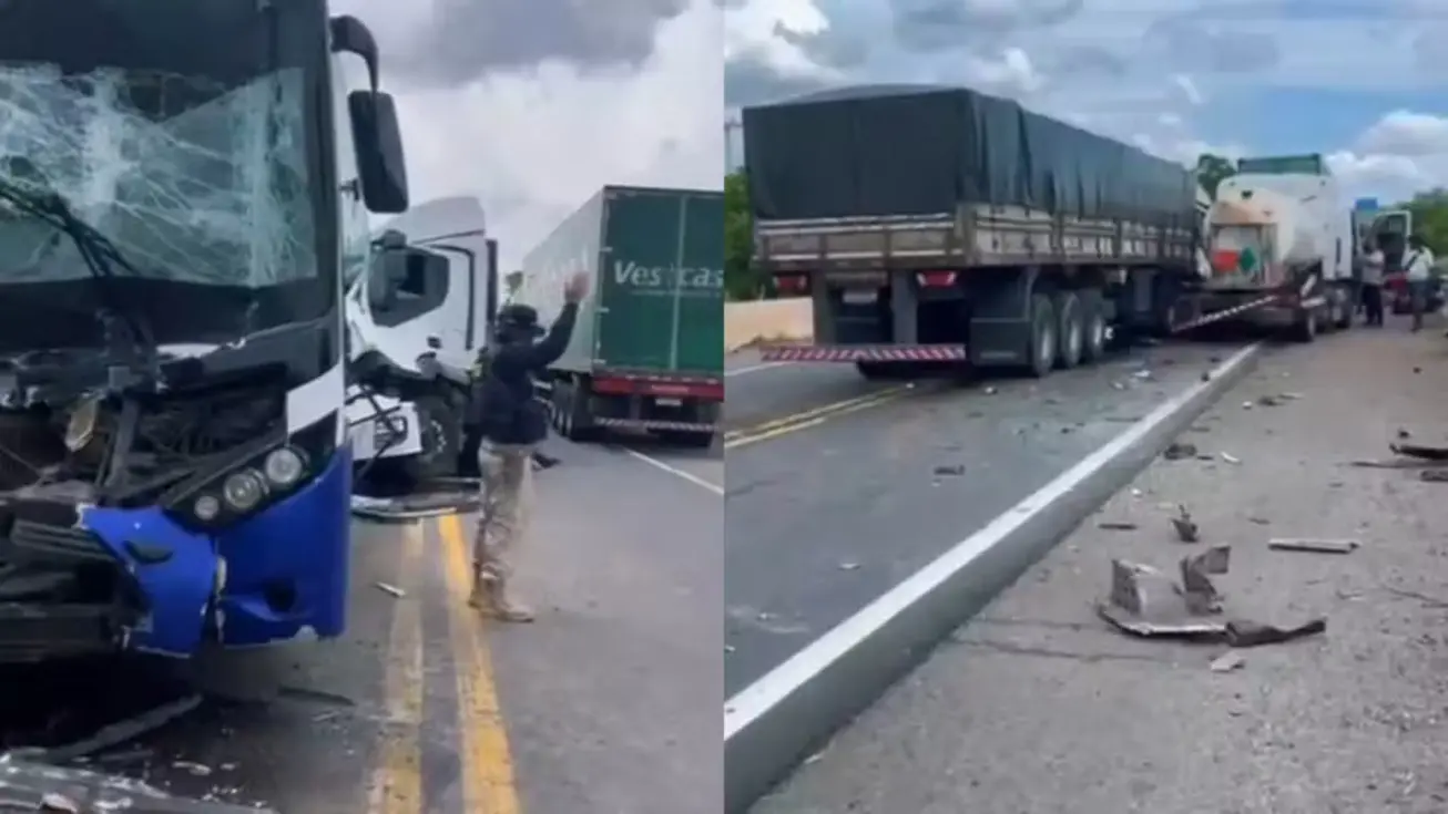 Engavetamento envolvendo ônibus, caminhão e duas carretas na BR-116 em Brejo Santo, Ceará, com veículos danificados na rodovia.