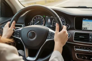 mulher no volante de um automóvel