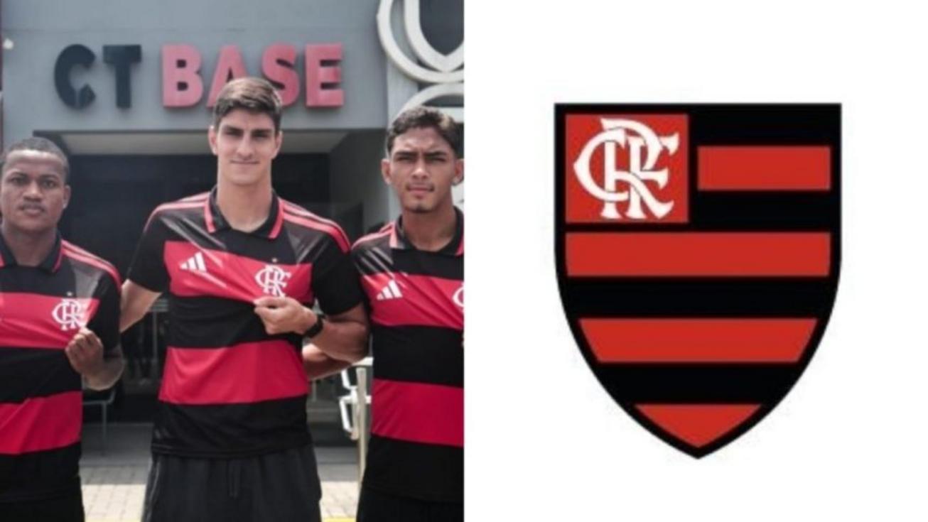 Josmar, Ernest Muñoz e Gustavo Ramirez posam com a camisa do Flamengo após assinatura de contrato no Ninho do Urubu.