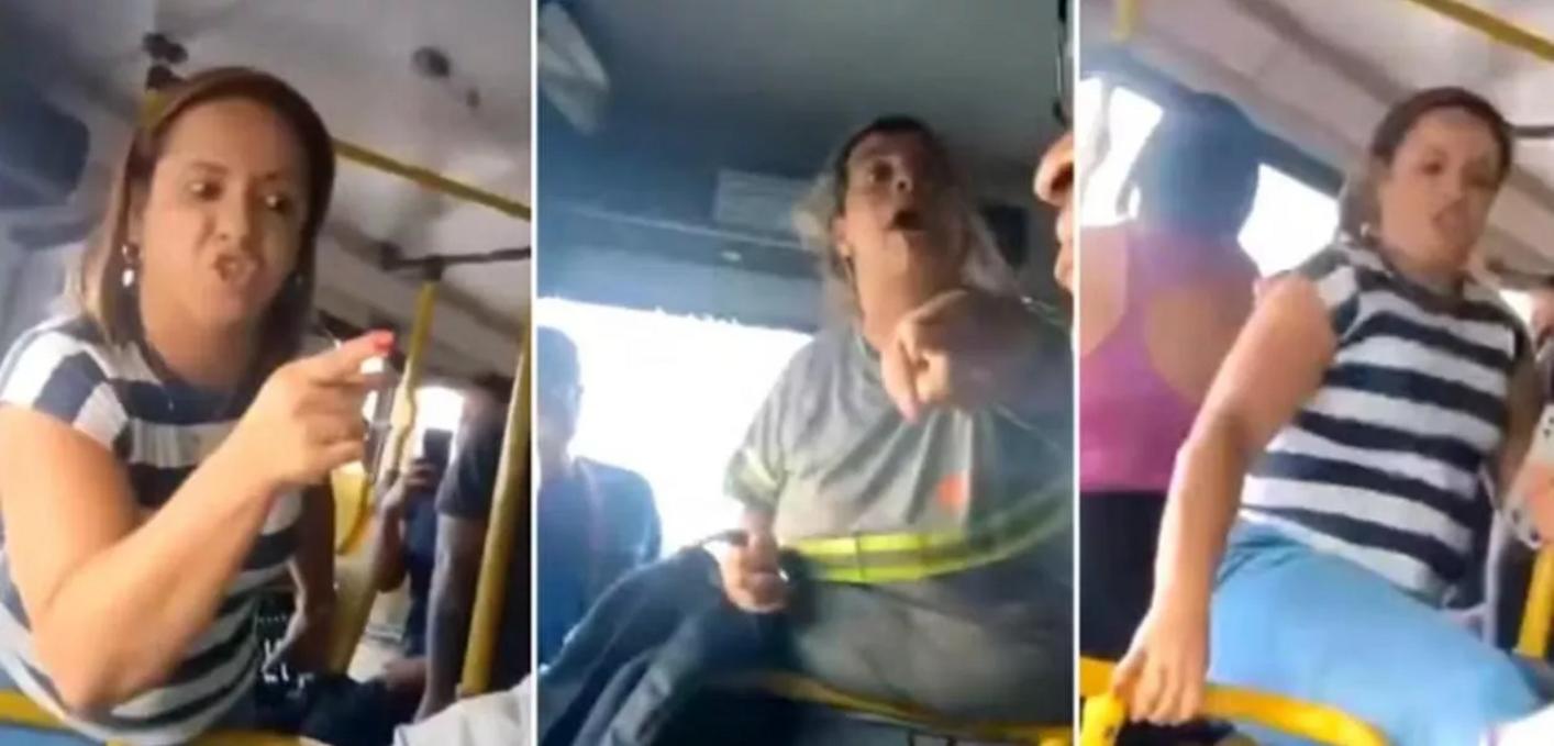 Motorista de ônibus sentado ao volante sendo agredido por passageira em Guarulhos após recusar atravessar rua alagada.