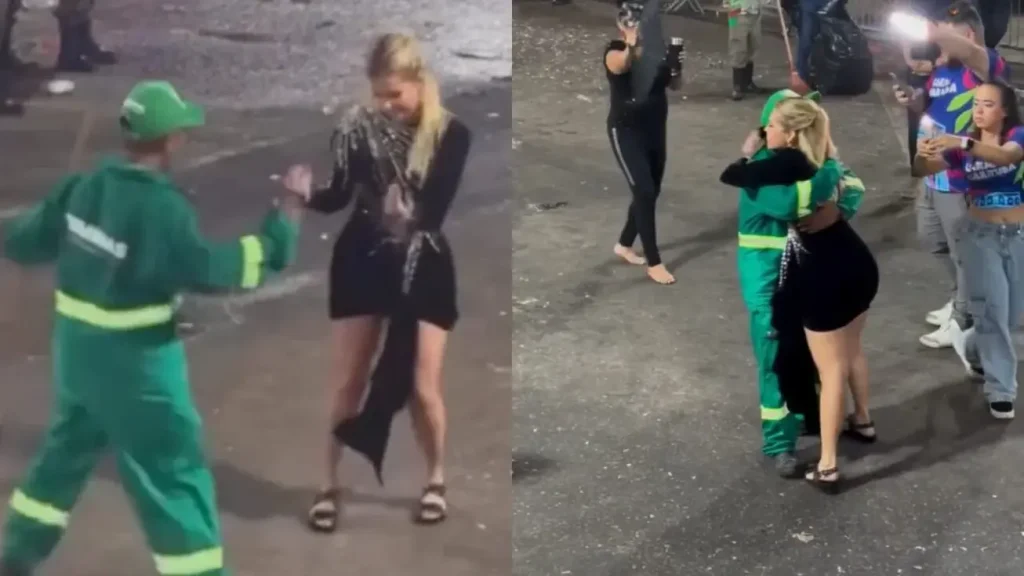 Prefeita Patrícia Alencar de Marituba dançando com gari uniformizado em meio à multidão no Carnaval.