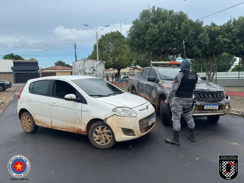 Itens apreendidos pela Força Tática da PM-PI, incluindo invólucros de crack, porções de maconha e cocaína, dinheiro, espingardas artesanais e celulares, dispostos sobre uma superfície.