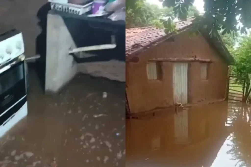 Em Amarante, chuva danifica casa e desabriga mulher grávida de 8 meses com 3 filhos; precisa de ajuda! 2 Mulher grávida com três filhos em frente à casa de barro danificada por fortes chuvas, buscando auxílio da prefeitura.