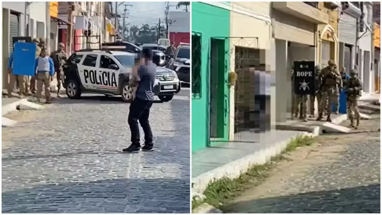 Polícia resgata bebê mantido refém por pai colombiano no Ceará 1 Agente da Polícia Civil recebe bebê resgatado de cárcere privado em Pacatuba, Ceará, durante operação conjunta.