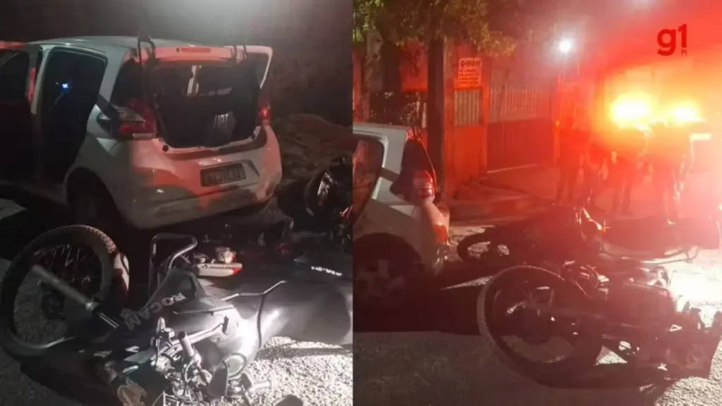 Policiais militares em operação noturna após perseguição e confronto com assaltantes em Teresina, com carro branco danificado e viaturas no local.