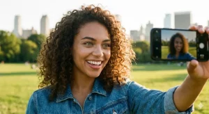 Pessoa gravando vídeo selfie em smartphone para recuperar acesso à conta Google