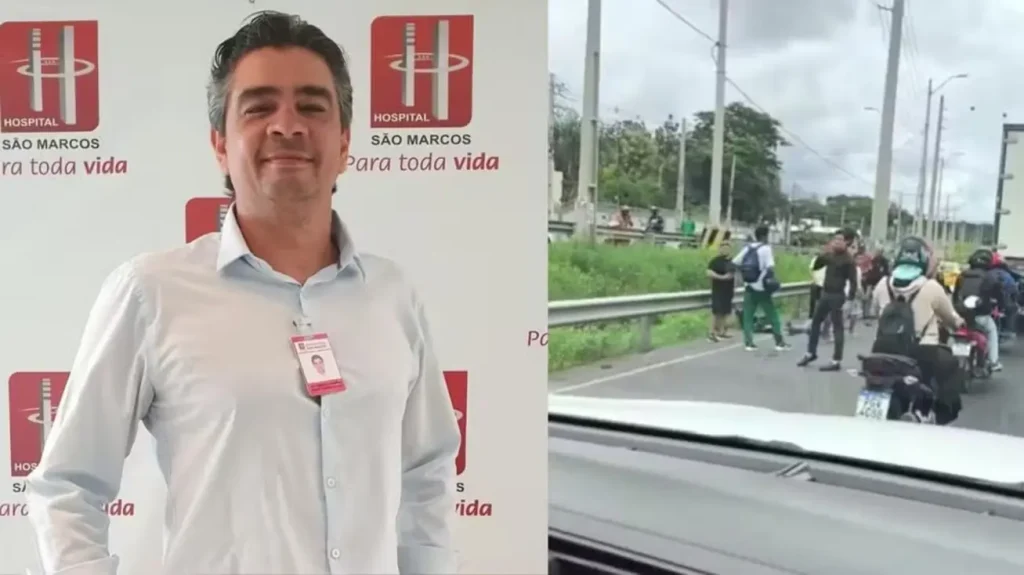 Cena do acidente de moto na BR-343 com congestionamento e equipes de emergência, onde o médico Edilson Carvalho morreu.