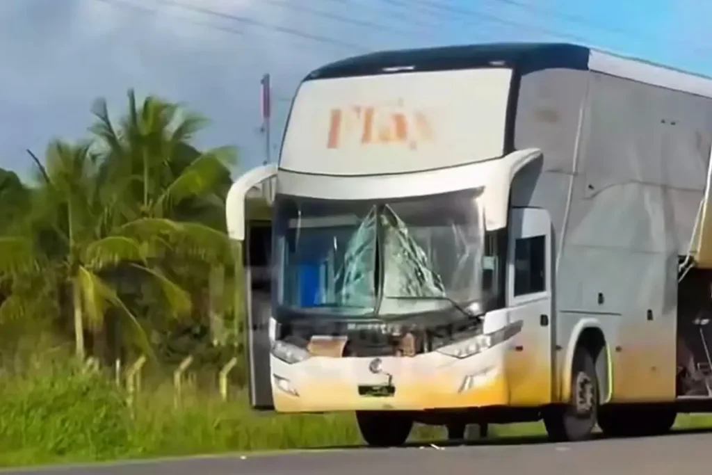 Ônibus e motocicleta danificados após colisão frontal, representando o acidente fatal em Condado, PE.