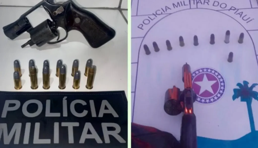 Revólver calibre 38 e munições apreendidos pela Polícia Militar em Regeneração, Piauí.