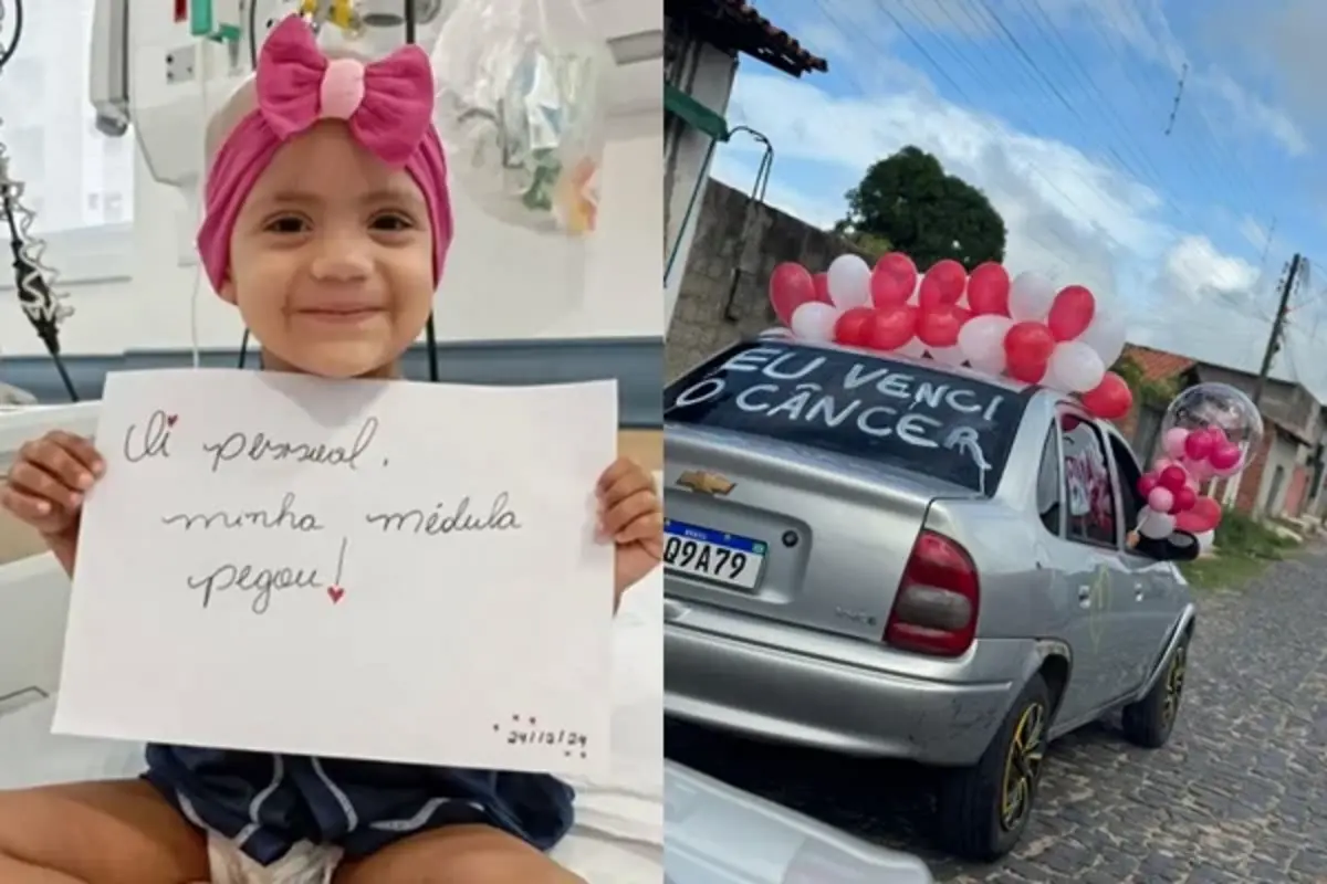 Menina Luna Manuella toca sino da cura no Hospital São Marcos, Teresina, após vencer câncer raro.