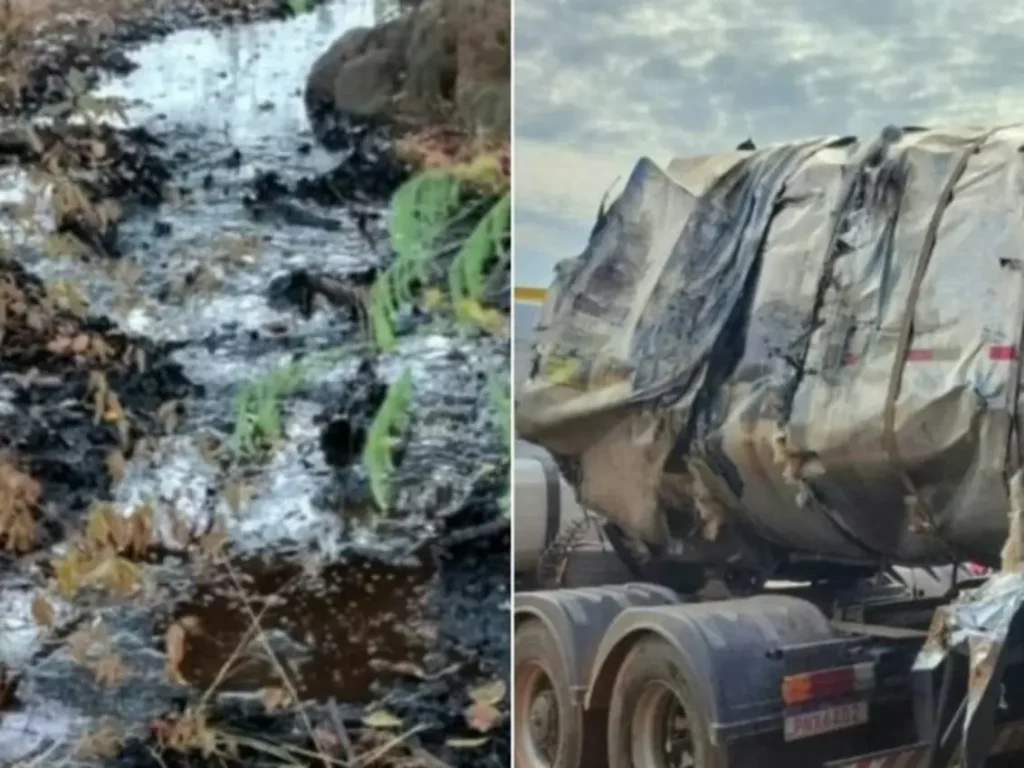 Carreta tombada derrama emulsão asfáltica próximo ao Riacho Esfolado em Bertolínia, Piauí.