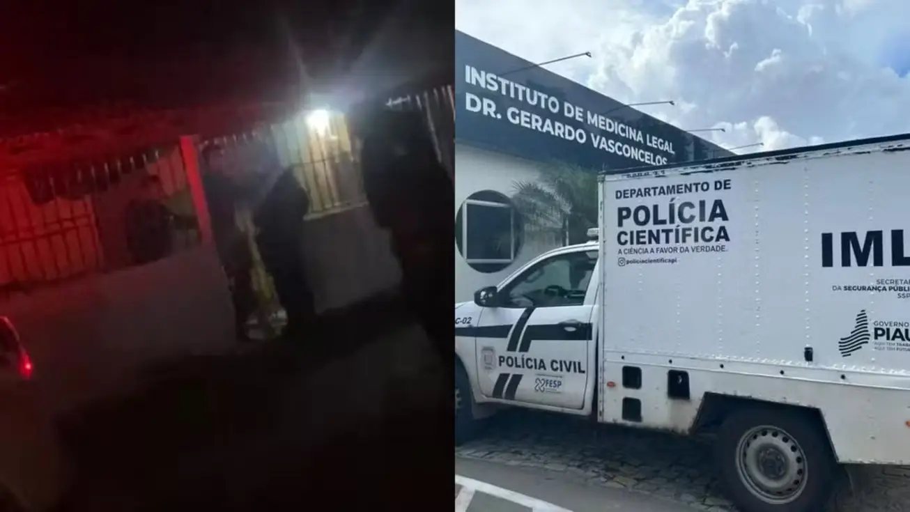 Viaturas da Polícia Militar e Civil em frente a uma residência, indicando investigação de crime em Floriano, Piauí.