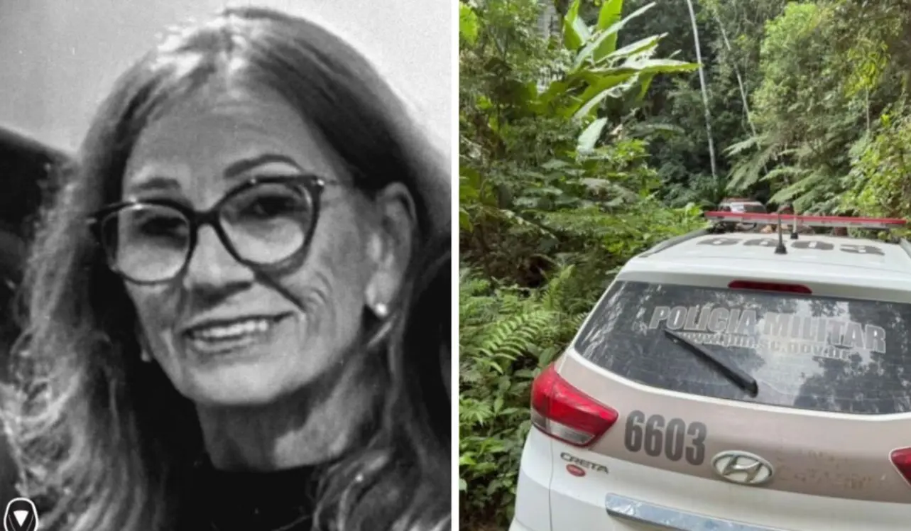 Policiais civis e peritos trabalham às margens de um riacho em área de mata, local onde o corpo da motorista de aplicativo Alice Dresch foi encontrado em Canelinha, SC.