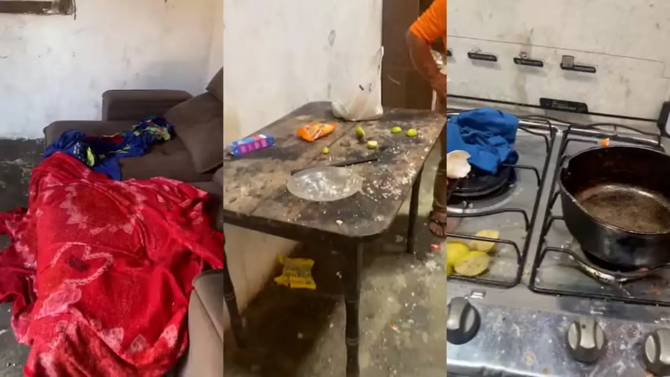 Viatura da Polícia Militar do Maranhão e conselheiros tutelares em frente à residência onde três crianças foram encontradas em situação de abandono.