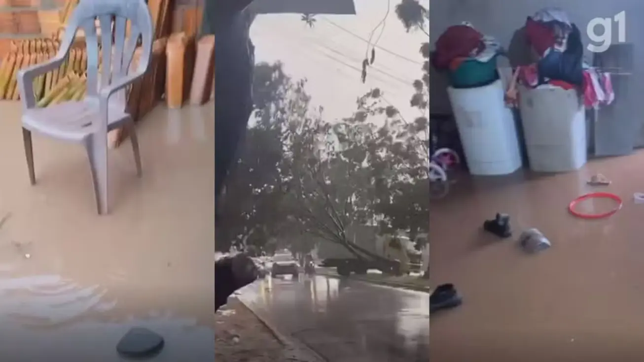 Rua de Imperatriz, Maranhão, completamente alagada com água barrenta e detritos após forte chuva.
