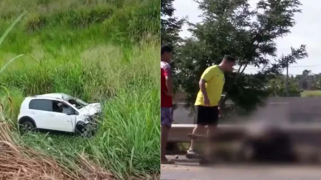 Cena do acidente com carro de passeio capotado e dois cavalos mortos na pista da rodovia entre Imperatriz (MA) e São Miguel do Tocantins (TO).