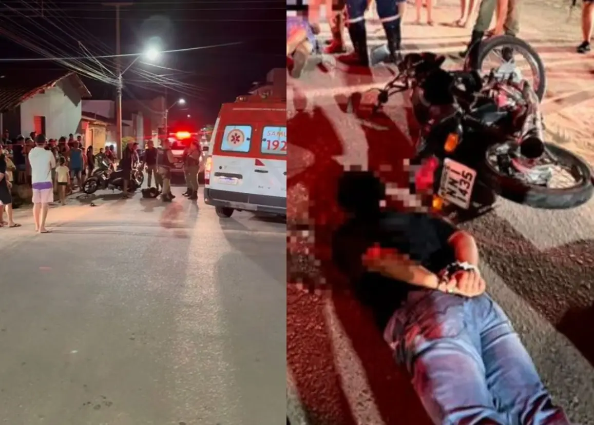 Cena de acidente de moto em Pedro II, Piauí, com motocicletas Honda Fan e Biz envolvidas e equipe policial no local.