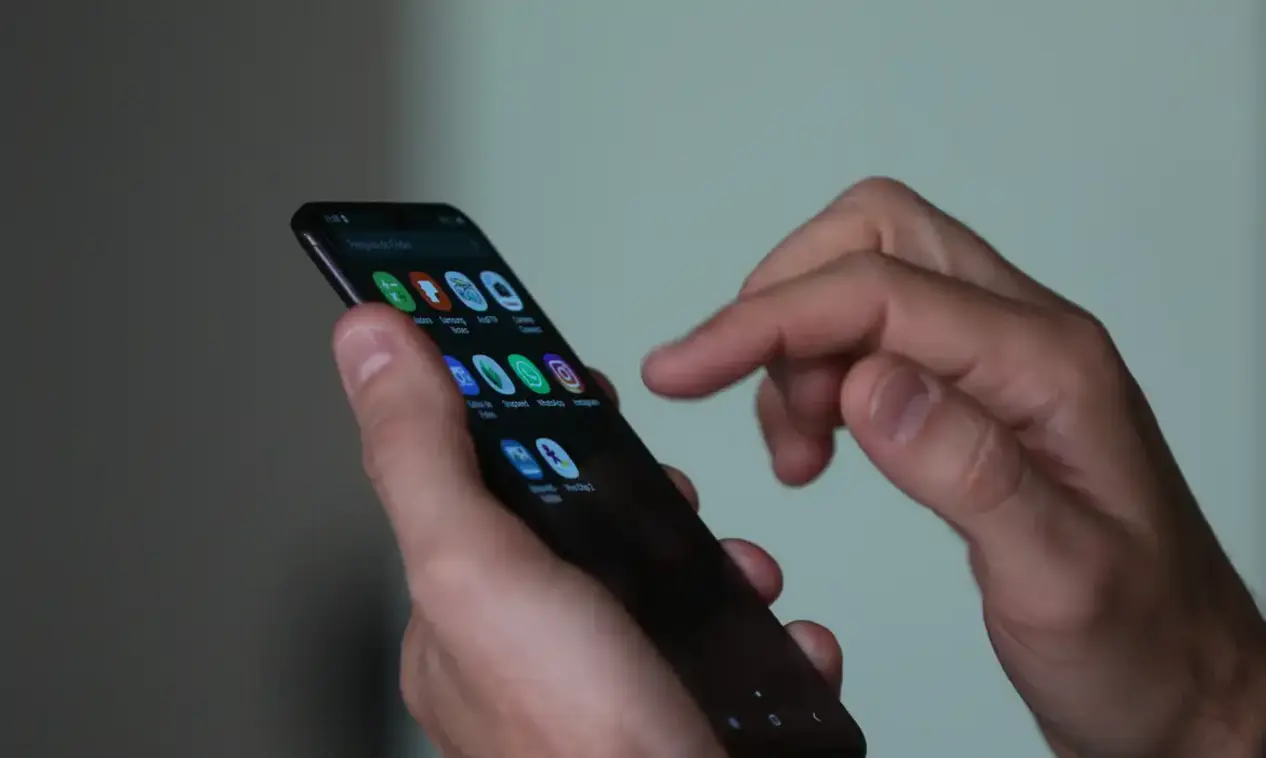 Smartphone com ícone de aplicativo falso do INSS e alerta de fraude cibernética