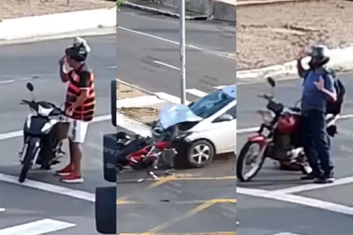 Sobreviventes erguem as mãos ao céu em oração após acidente que deixou motociclista morto em Teresina 1 Carro e motocicleta danificados após colisão fatal em Teresina